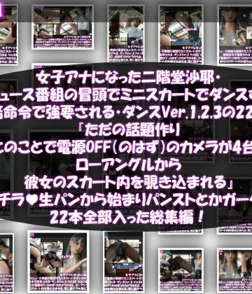 Libido-Labo★女子アナになった二階堂沙耶・早朝のニュース番組の冒頭でミニスカートでダンスすることを業務命令で強要される・ダンスVer.1、2、3:全22本セット『ただの話題作りとのことで電源OFF（のはず）のカメラが4台、ローアングルから彼女のスカート内を覗き込むように設置されている:生パンティやパンストやガーターストッキング等まで含めた合計22本セット総集編！』[3DCG]