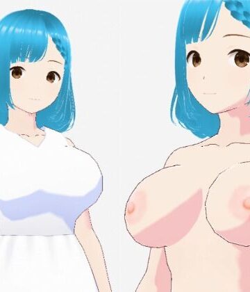 白いワンピースにシアン色の髪の巨乳お姉さん（セリフなし 3DCGモデル イラスト集）